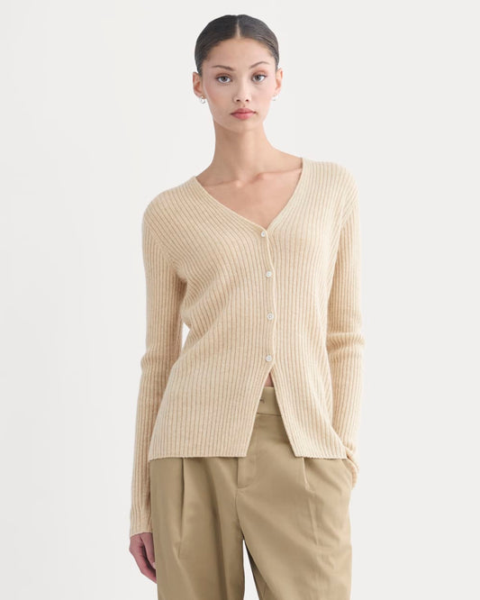 Cashmere Ribbed V-Neck Cardigan | Heather Light Camel