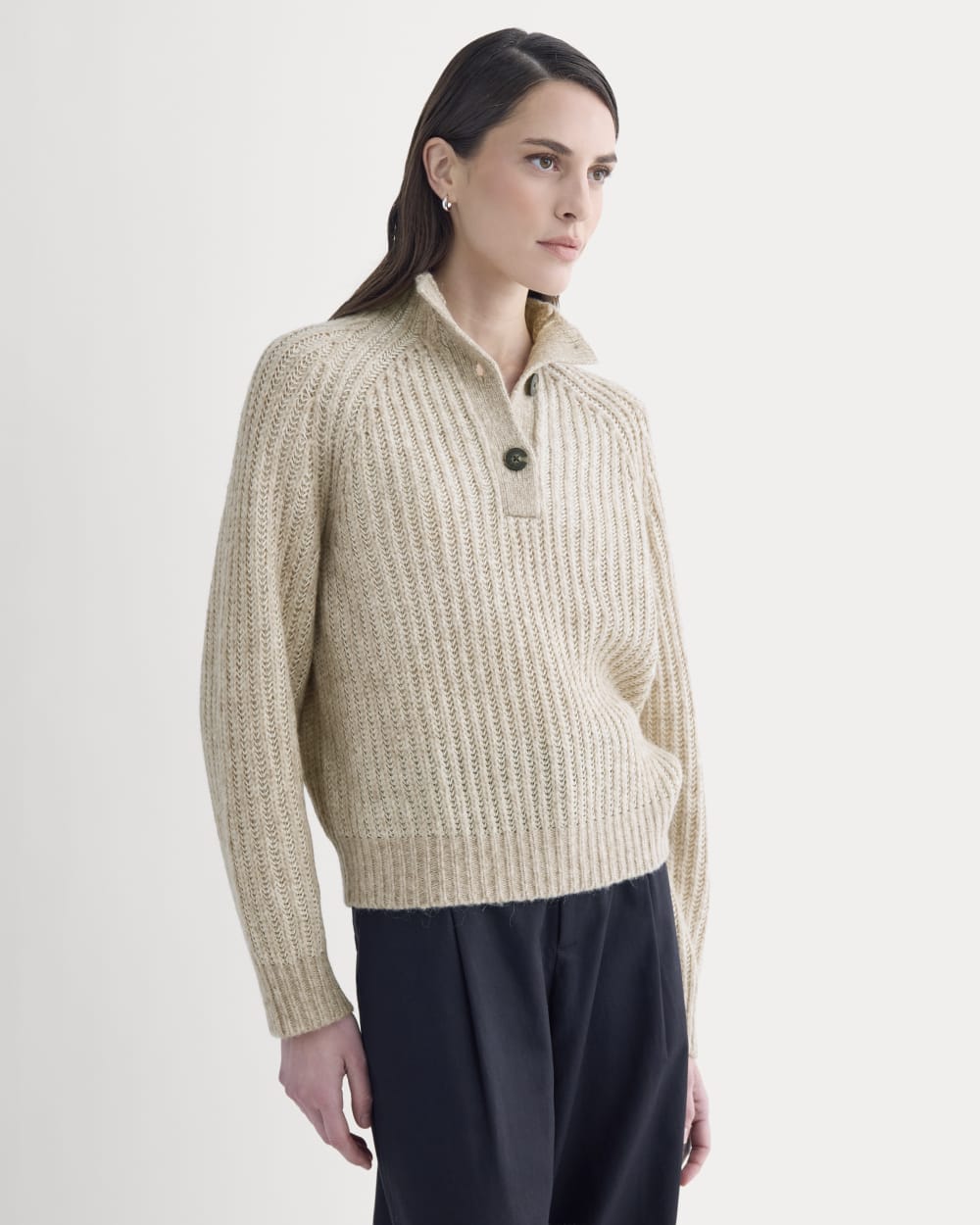 Funnel-Neck Ribbed Henley Sweater | Heathered Almond / Bone Vertical Stripe