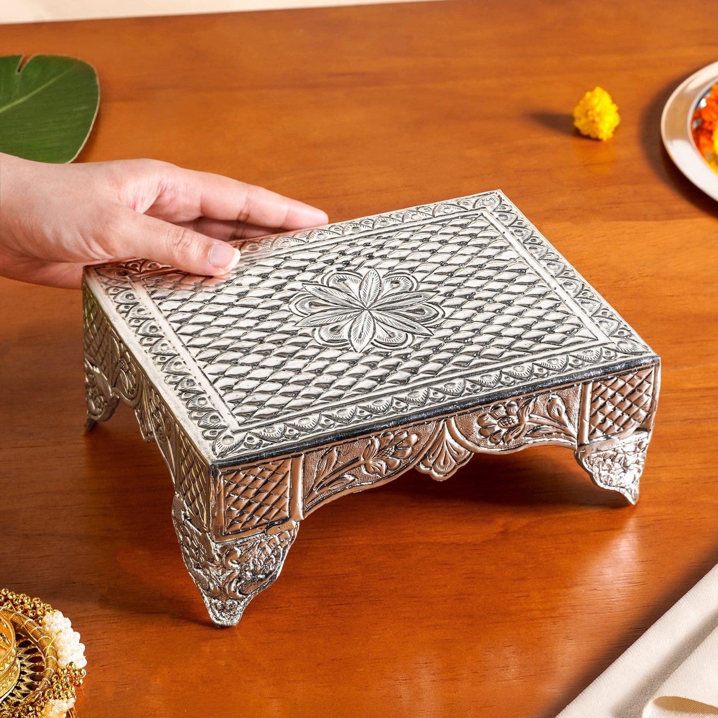 Flora Chowki Brass With Pure Silver Polish 20x15cm