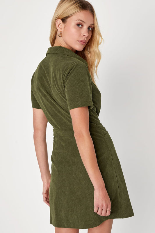 Go-Getter Girl Olive Green Corduroy Mini Dress With Pockets