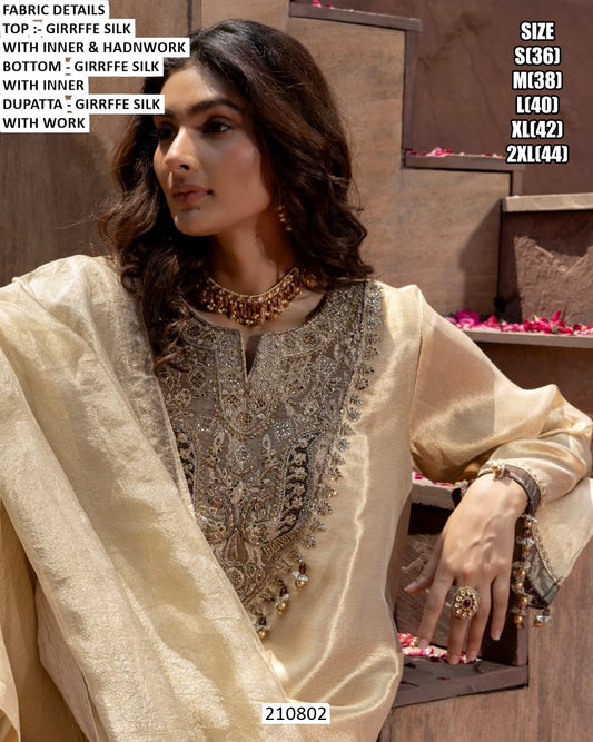 Elegant Girrffe Silk Embroidered Suit Set with Handwork & Matching Dupatta