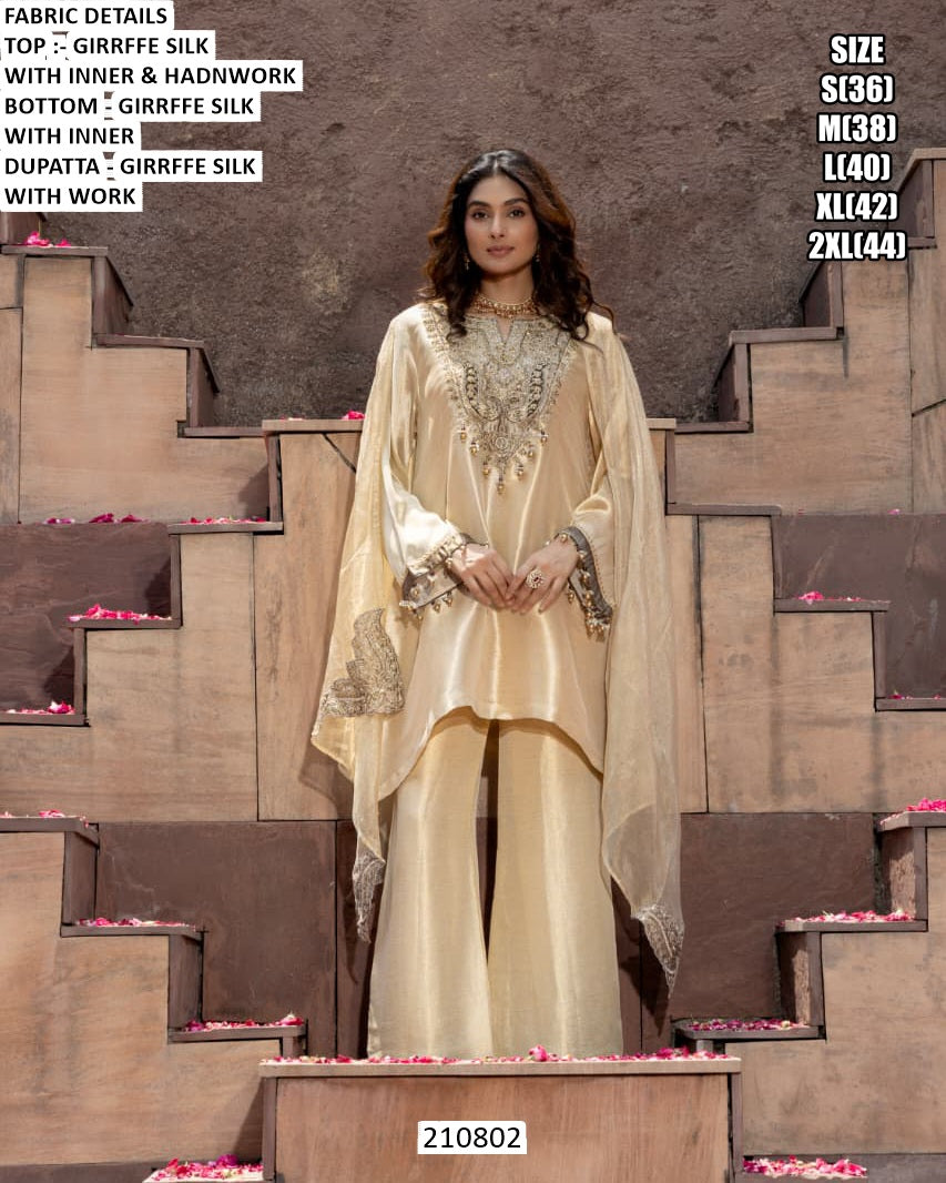 Elegant Girrffe Silk Embroidered Suit Set with Handwork & Matching Dupatta