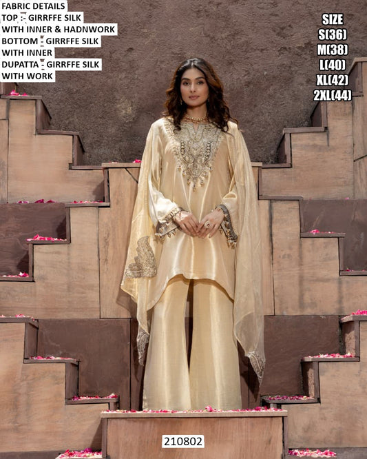 Elegant Girrffe Silk Embroidered Suit Set with Handwork & Matching Dupatta