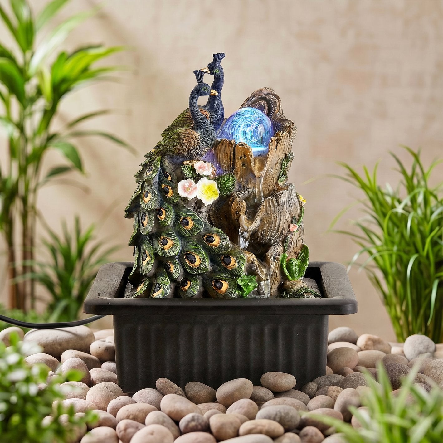 Corsica Alpine Polyresin Mini Peacock Water Fountain - 20.5x17x25cm