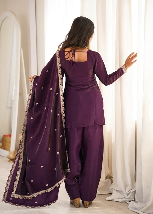 Glass Roman Silk Fabric with Embroidery Sequence Dori and Jari Work Top, Dupatta Set with Farshi Shalwar