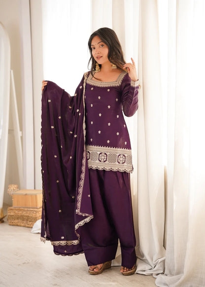 Glass Roman Silk Fabric with Embroidery Sequence Dori and Jari Work Top, Dupatta Set with Farshi Shalwar