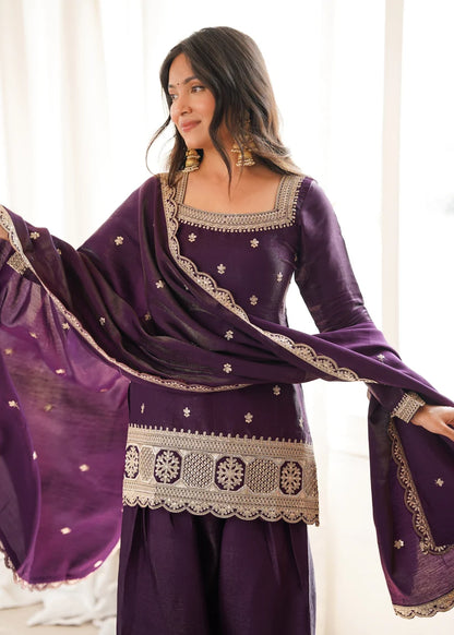 Glass Roman Silk Fabric with Embroidery Sequence Dori and Jari Work Top, Dupatta Set with Farshi Shalwar