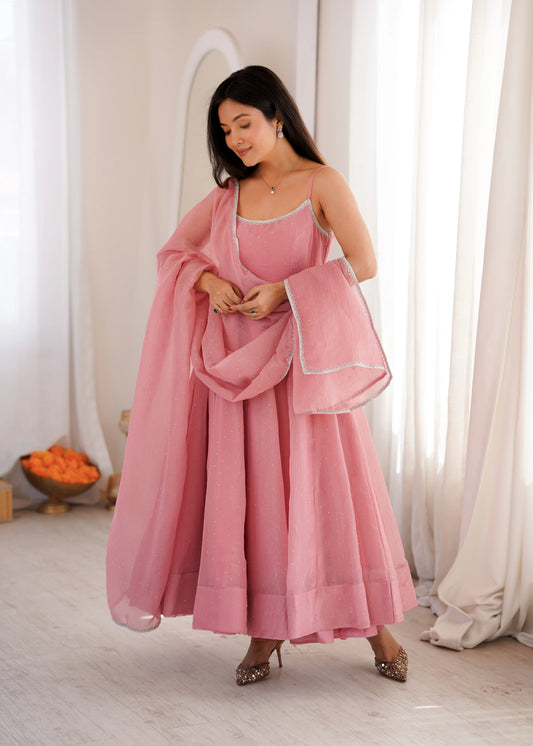 Crunchy Silk Fabric with Swarovski Work, Fully Flared Kali Pattern and Canvas Patta with Dupatta Set, Pant.