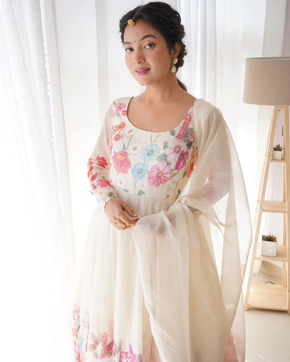 Digitally Printed & Embroidered Yoke Pure Soft Organza Anarkali Suit with Huge Flair, Comes with Dupatta.