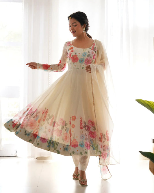 Digitally Printed & Embroidered Yoke Pure Soft Organza Anarkali Suit with Huge Flair, Comes with Dupatta.