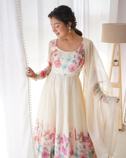 Digitally Printed & Embroidered Yoke Pure Soft Organza Anarkali Suit with Huge Flair, Comes with Dupatta.