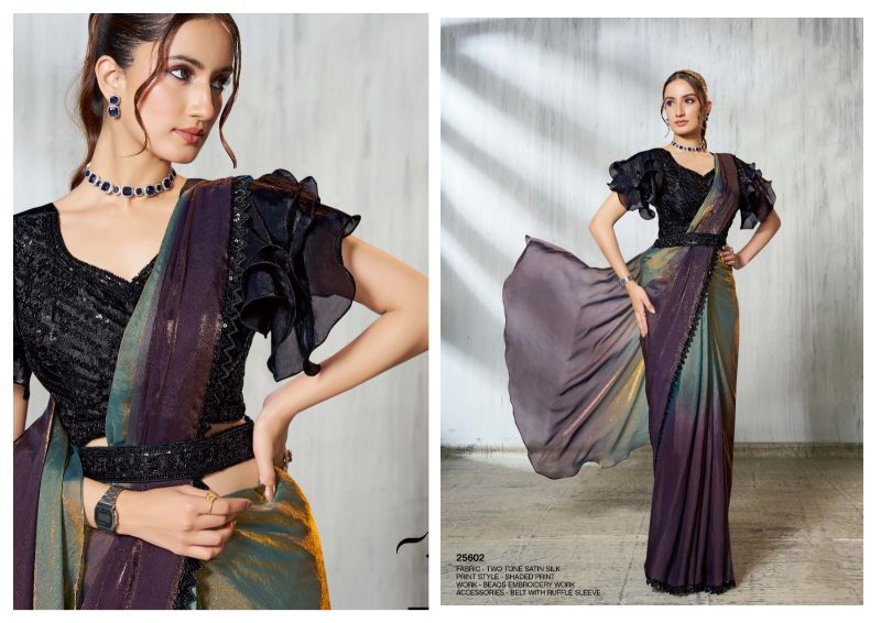 Two-Tone Satin Silk Beads Embroidered Saree