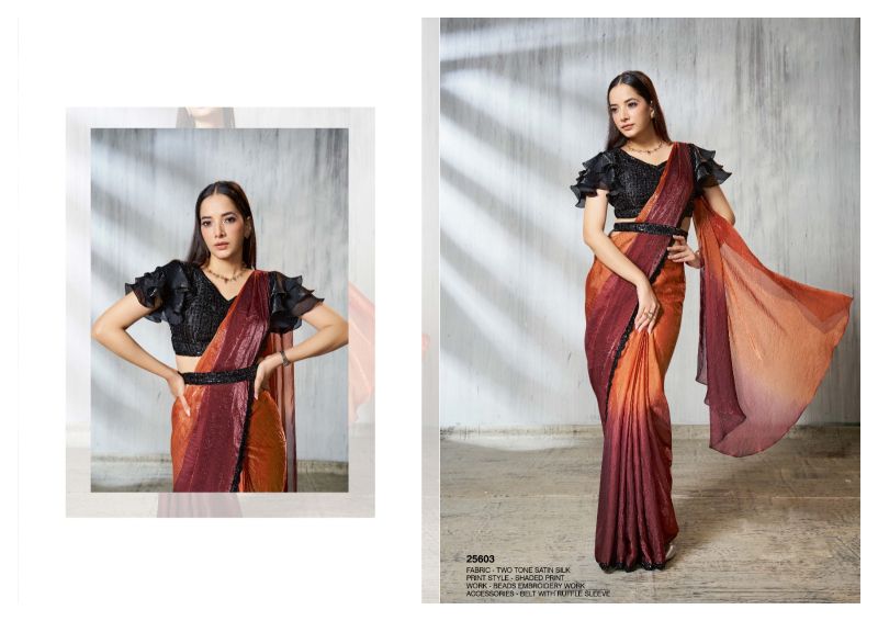 Two-Tone Satin Silk Beads Embroidered Saree