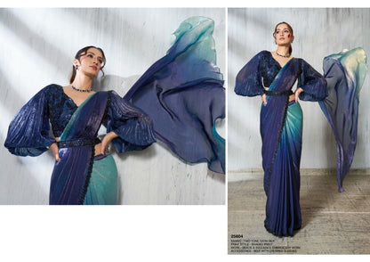 Two-Tone Satin Silk Beads Embroidered Saree