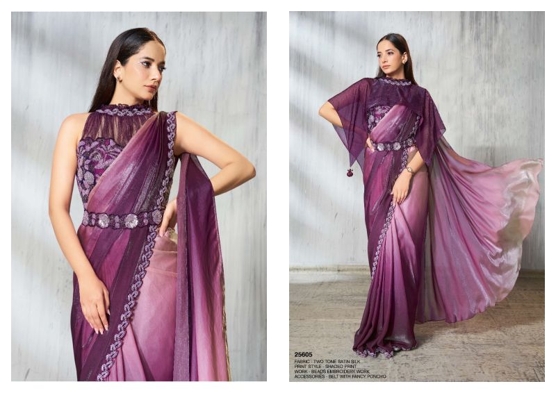 Two-Tone Satin Silk Beads Embroidered Saree