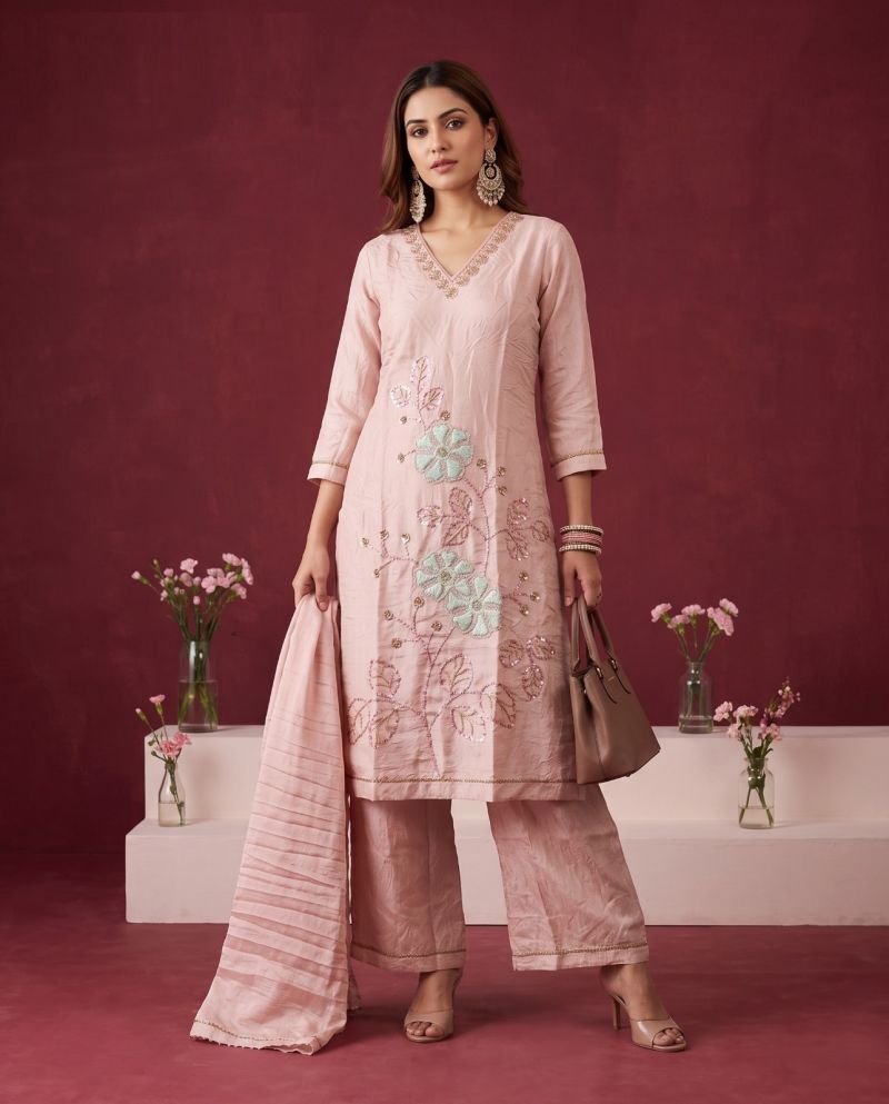 Glass Crush Beads Work Kurti Set with Bottom & Dupatta