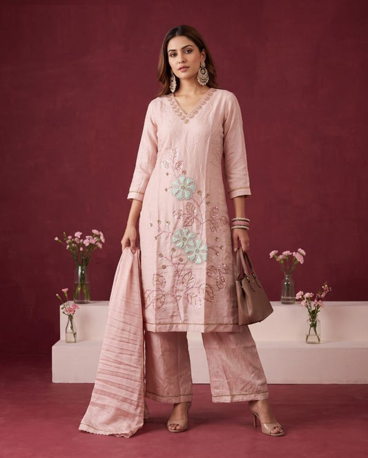 Glass Crush Beads Work Kurti Set with Bottom & Dupatta