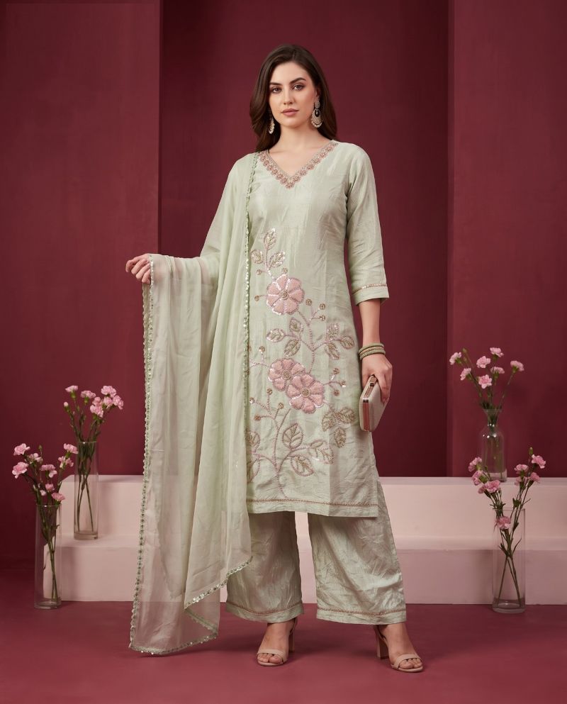 Glass Crush Beads Work Kurti Set with Bottom & Dupatta