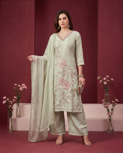 Glass Crush Beads Work Kurti Set with Bottom & Dupatta