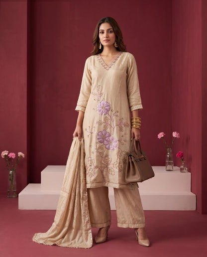 Glass Crush Beads Work Kurti Set with Bottom & Dupatta