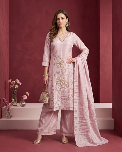Glass Crush Beads Work Kurti Set with Bottom & Dupatta