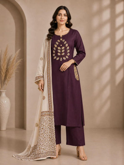 Slub Cotton Appliqué & Mirror Work Kurti Set