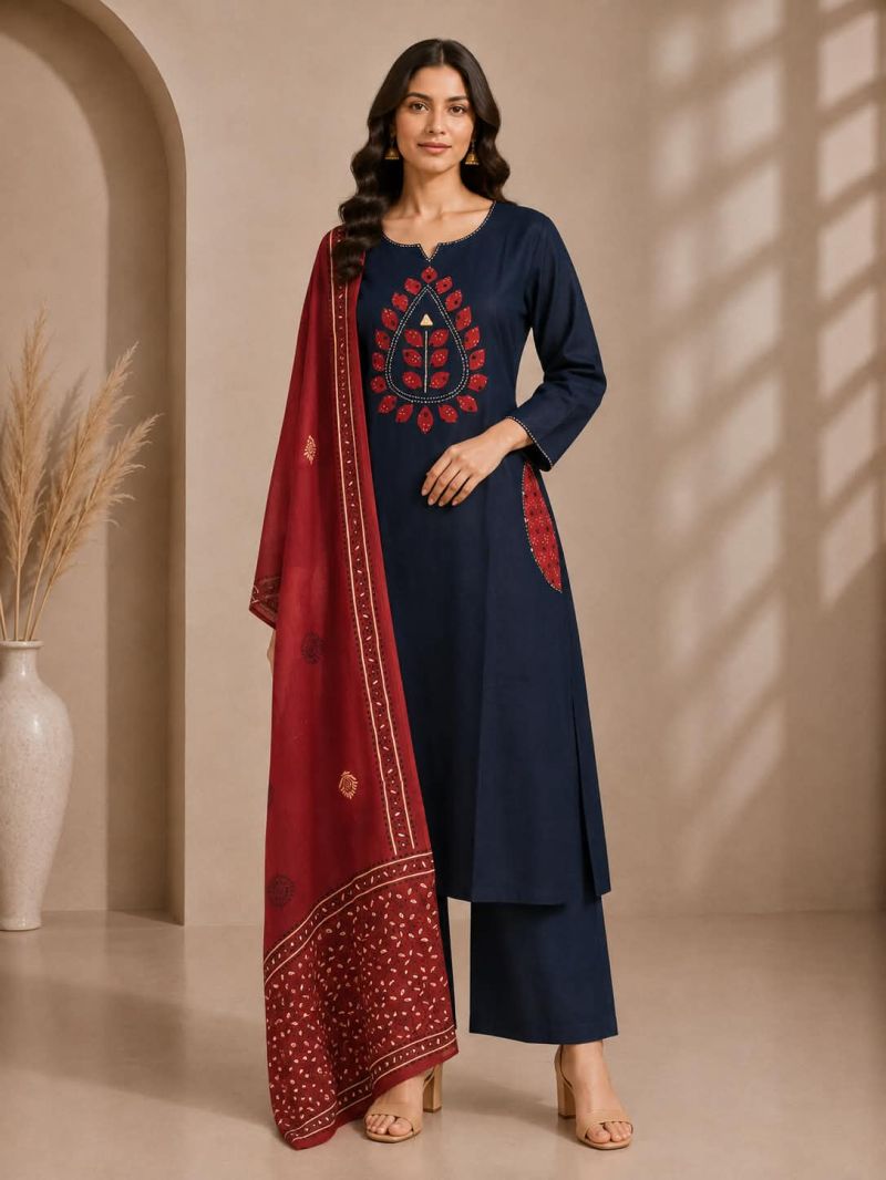 Slub Cotton Appliqué & Mirror Work Kurti Set