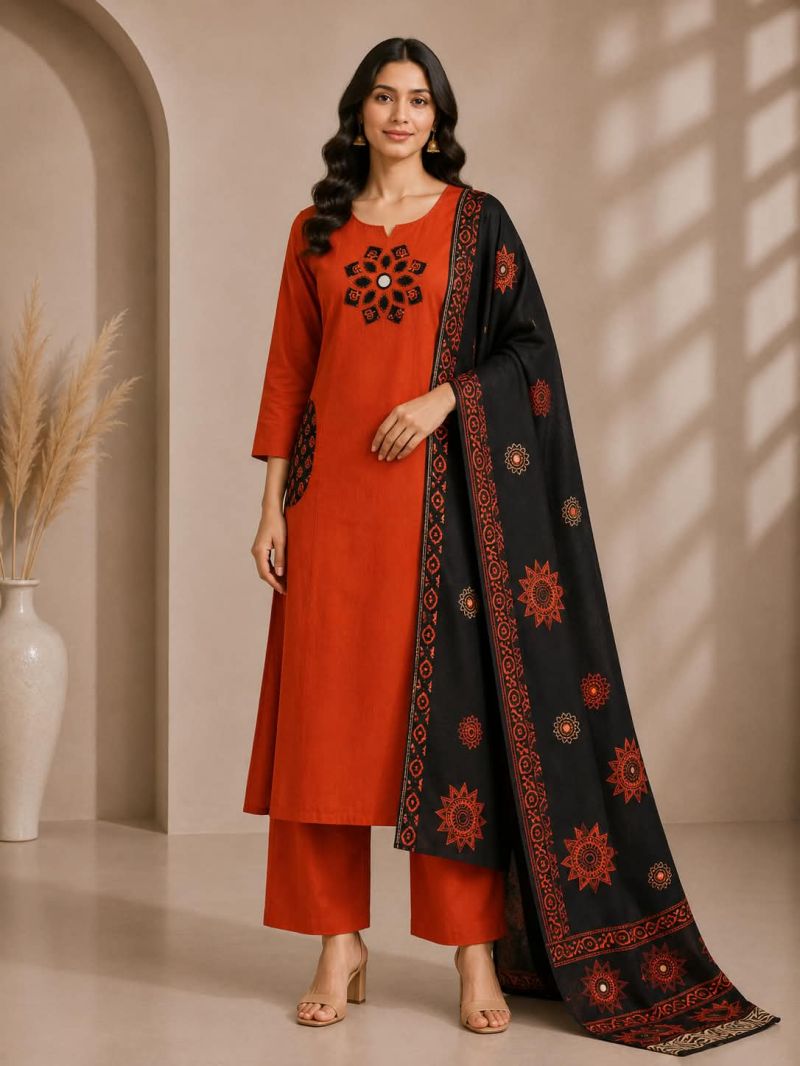 Slub Cotton Appliqué & Mirror Work Kurti Set