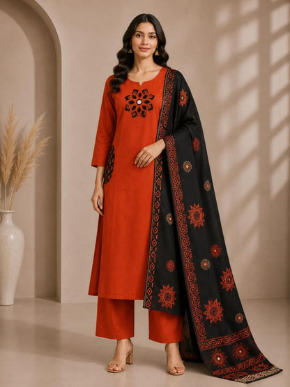 Slub Cotton Appliqué & Mirror Work Kurti Set