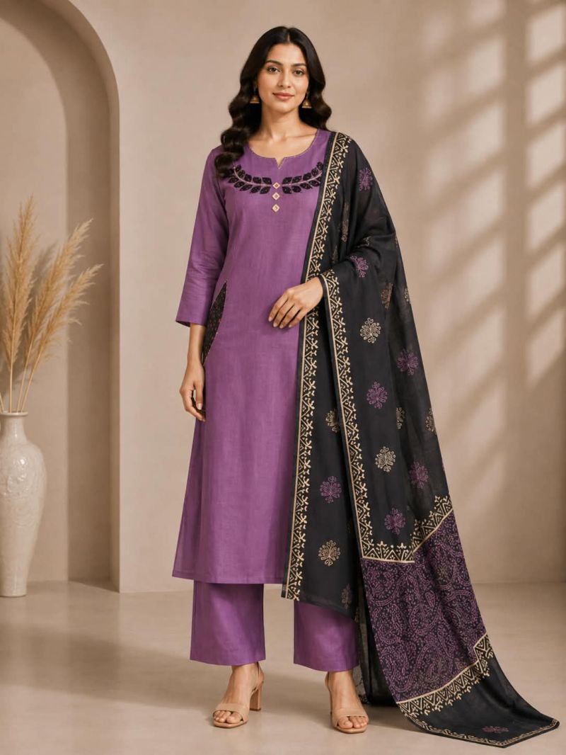 Slub Cotton Appliqué & Mirror Work Kurti Set
