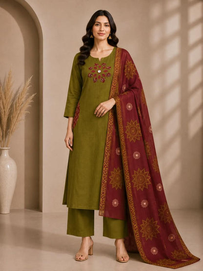 Slub Cotton Appliqué & Mirror Work Kurti Set