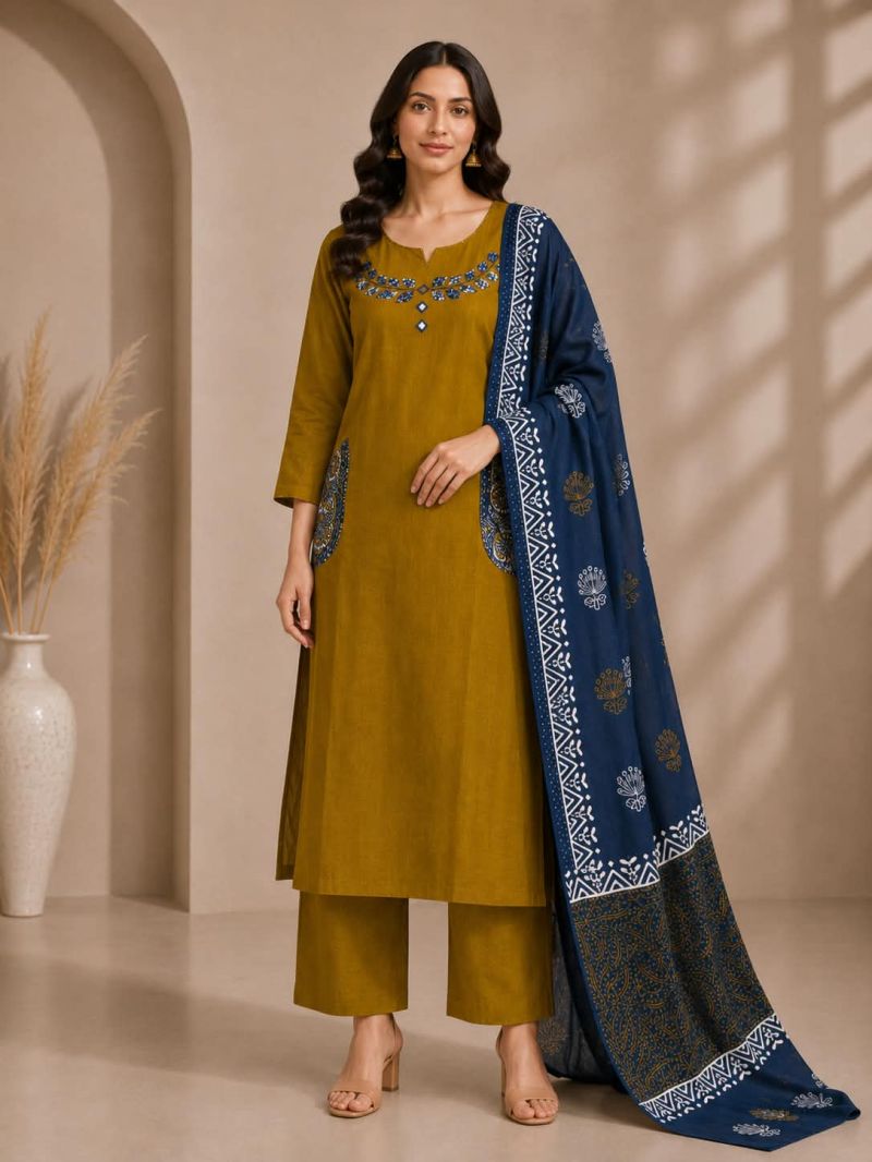 Slub Cotton Appliqué & Mirror Work Kurti Set