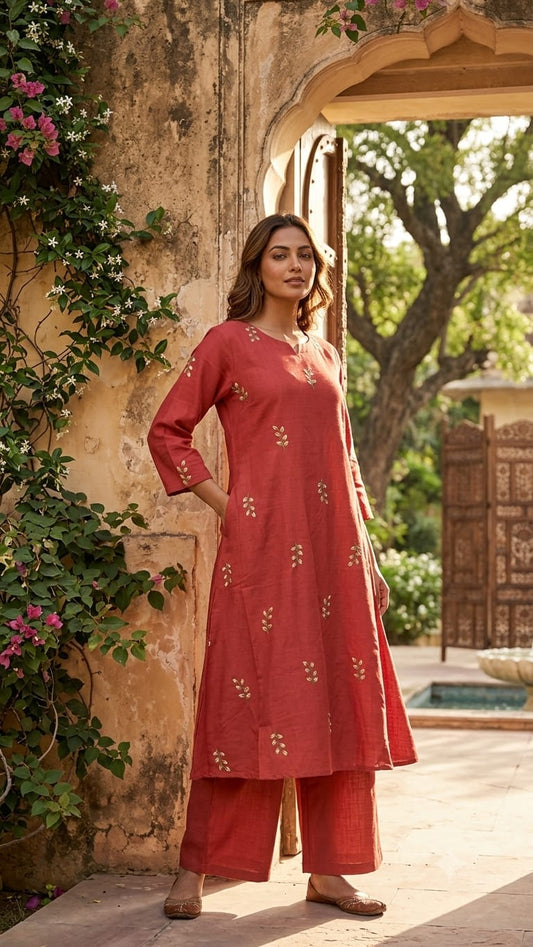 German Cotton Embroidered Kurti Set with Bottom