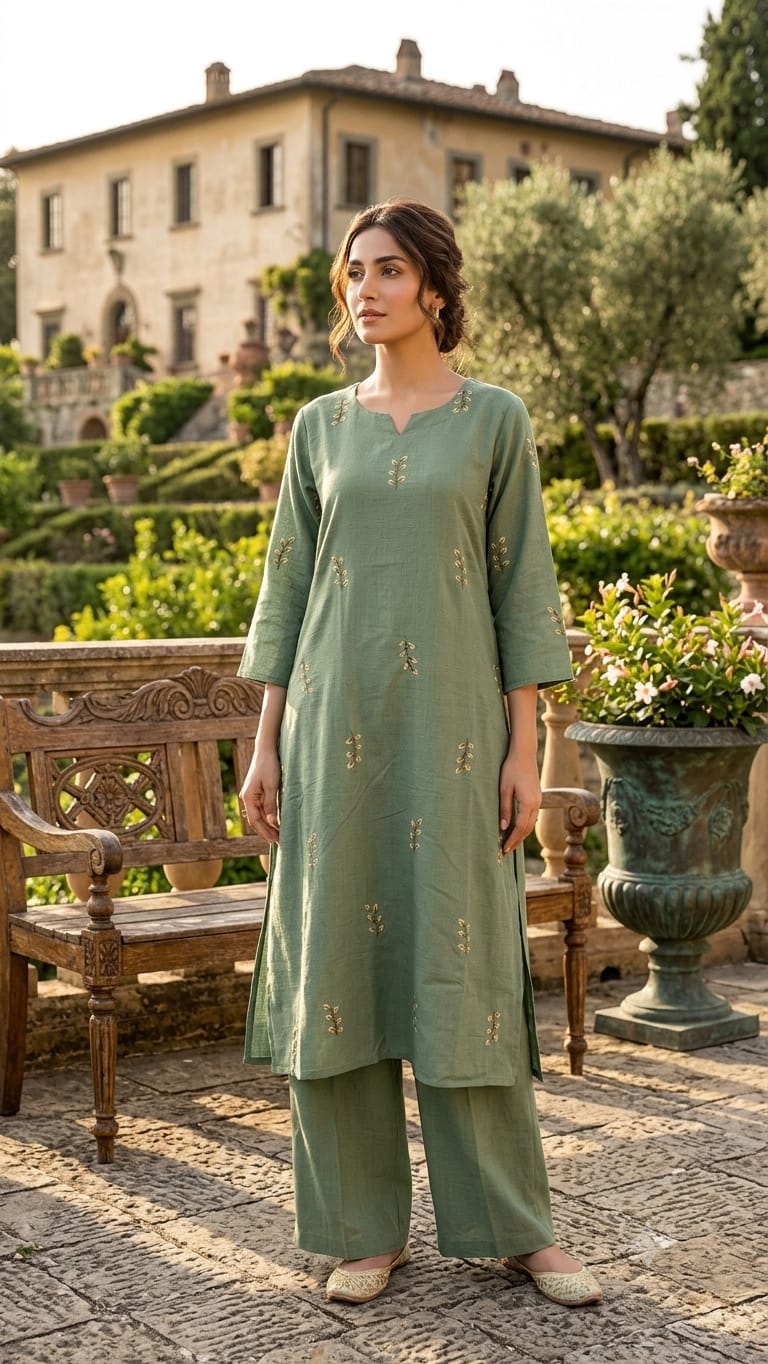 German Cotton Embroidered Kurti Set with Bottom