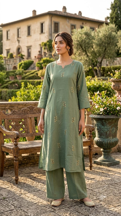 German Cotton Embroidered Kurti Set with Bottom