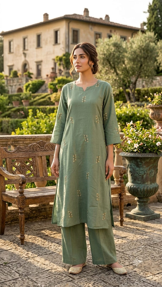 German Cotton Embroidered Kurti Set with Bottom