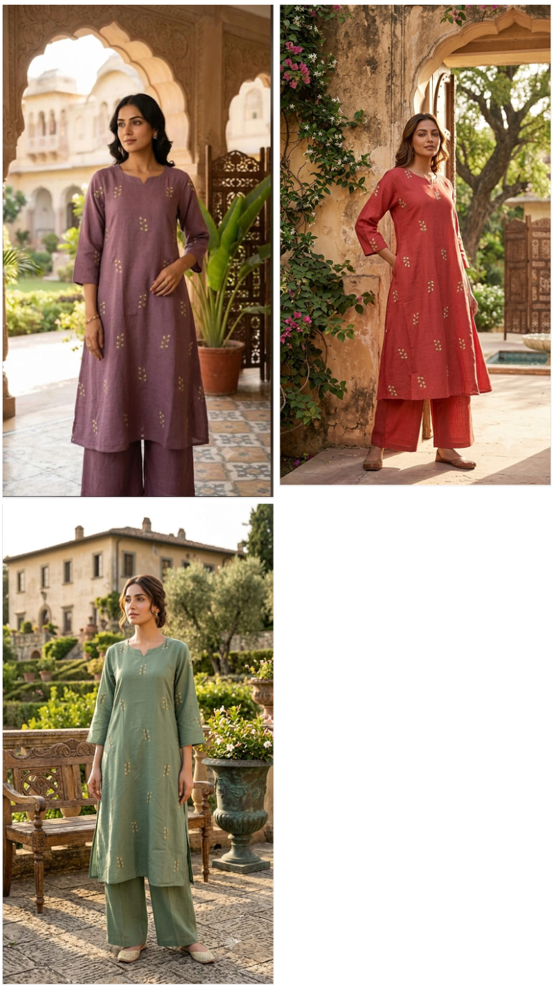German Cotton Embroidered Kurti Set with Bottom