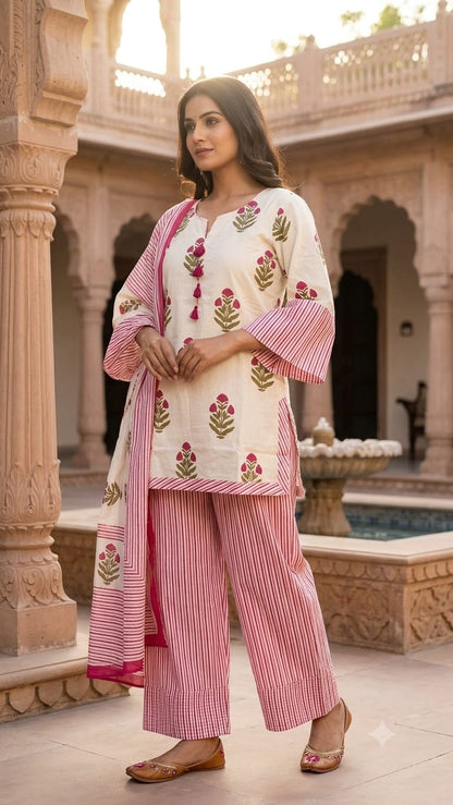 Cotton Printed Fancy Kurti with Bottom & Dupatta