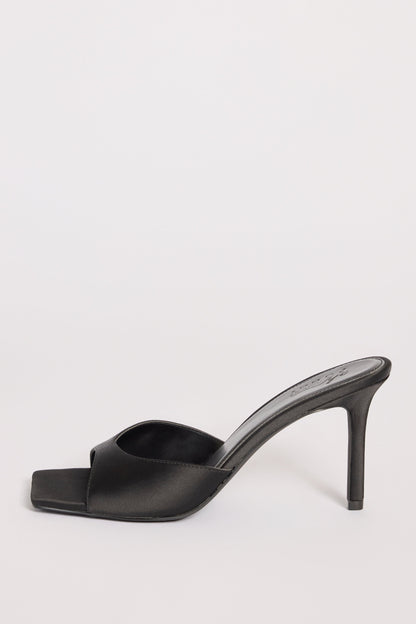 Satin Heeled Mule Sandal in Black