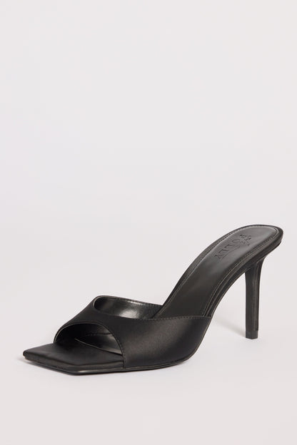 Satin Heeled Mule Sandal in Black