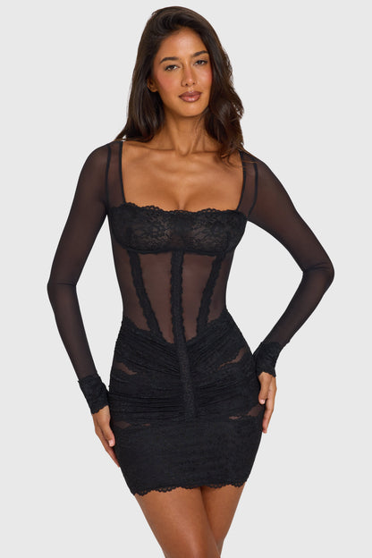 Placed Lace-Trim Long-Sleeve Mini Dress in Black