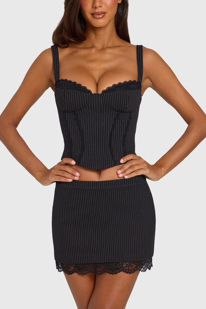 Ponte Lace-Trim Peekaboo Corset Top in Black Pinstripe