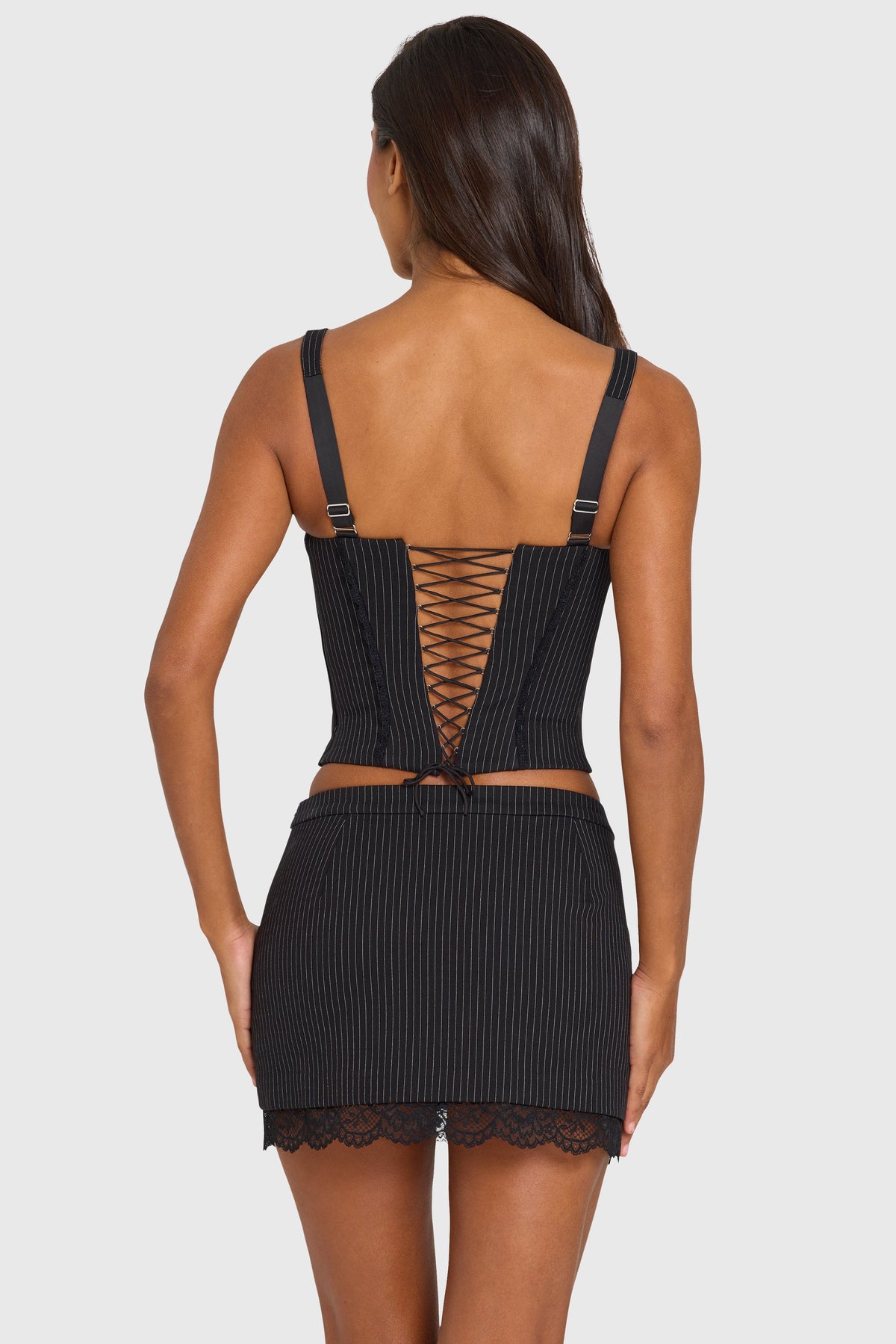 Ponte Lace-Trim Peekaboo Corset Top in Black Pinstripe