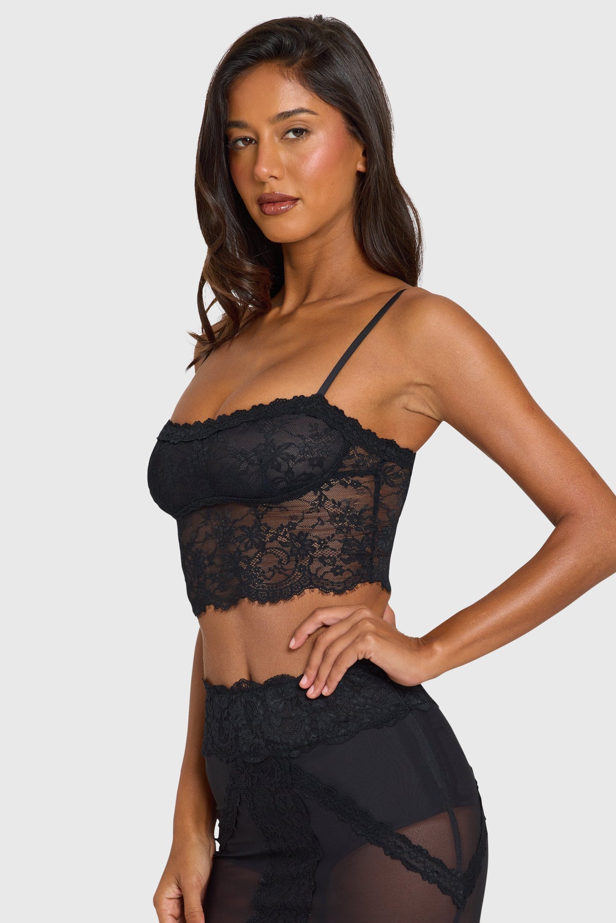 Placed Lace-Trim Crop Top in Black