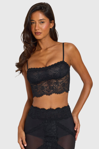 Placed Lace-Trim Crop Top in Black