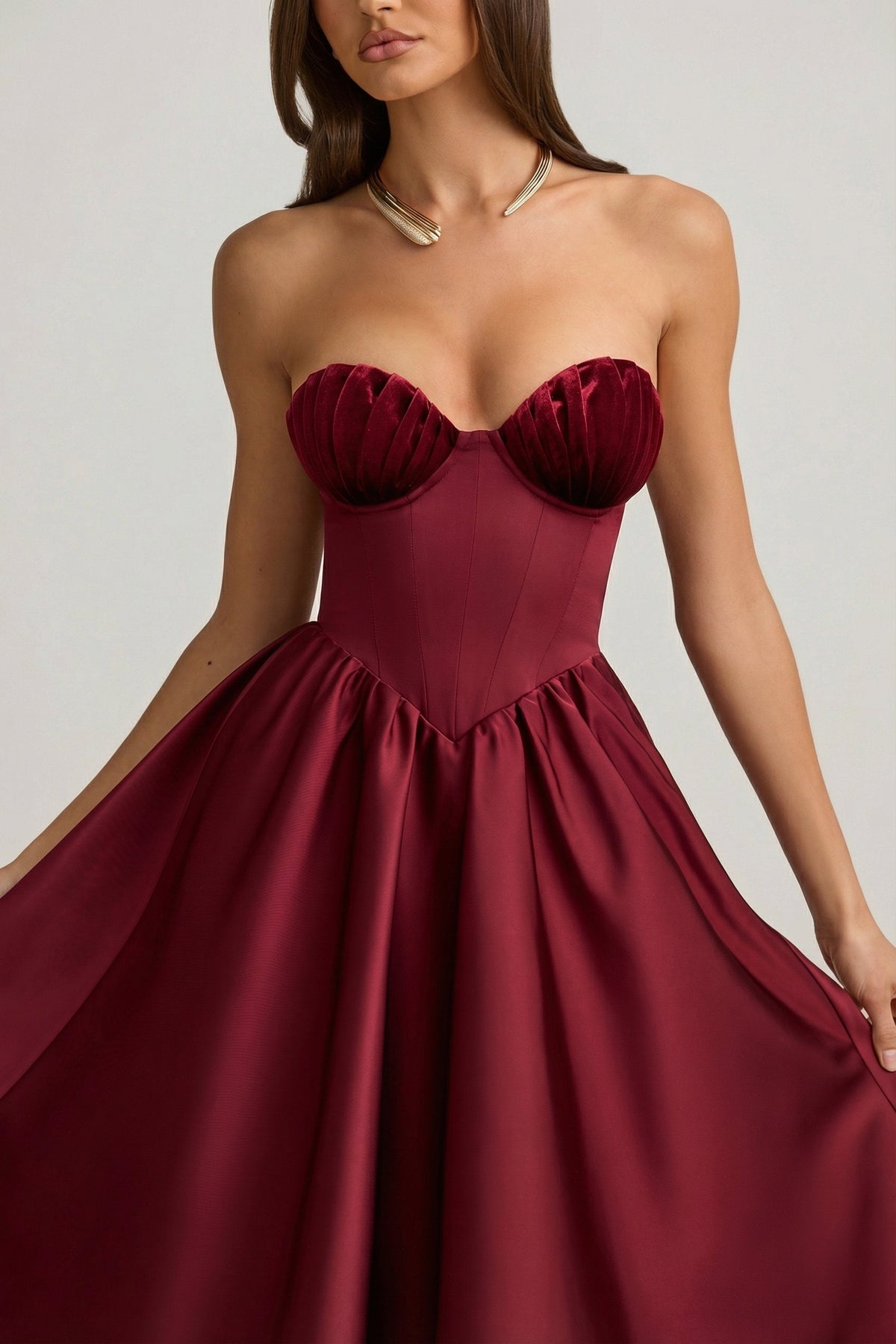 Strapless Corset Midi Dress in Wine Red