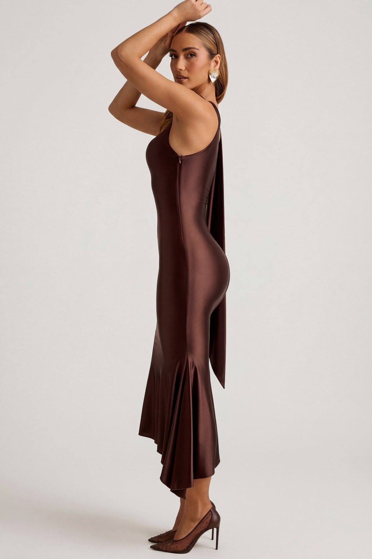Asymmetric Scarf-Detail Midaxi Dress in Chocolate Brown