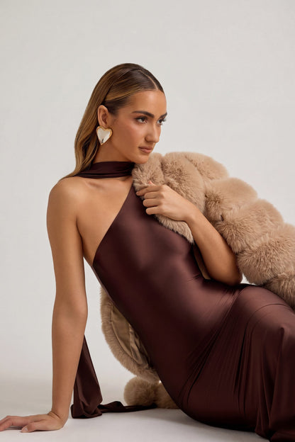 Asymmetric Scarf-Detail Midaxi Dress in Chocolate Brown