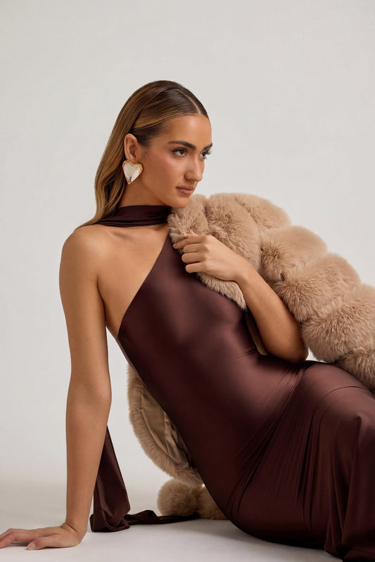 Asymmetric Scarf-Detail Midaxi Dress in Chocolate Brown