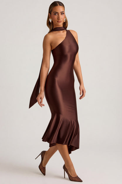 Asymmetric Scarf-Detail Midaxi Dress in Chocolate Brown